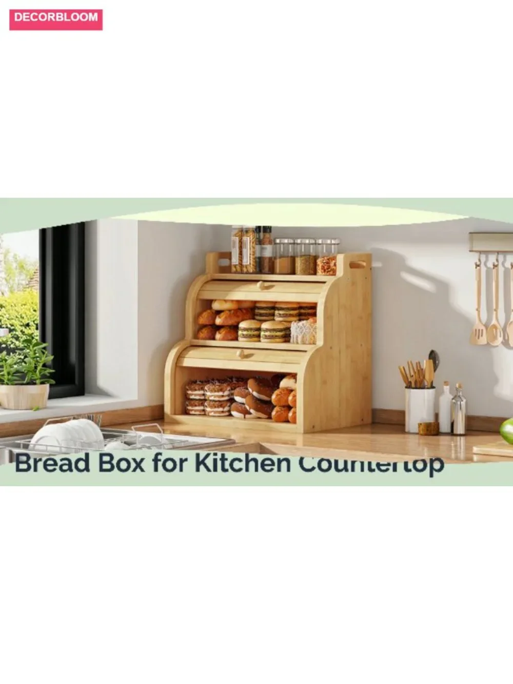 Bamboo 2-Tier Roll-Top Bread Box with Ventilation, Kitchen Storage